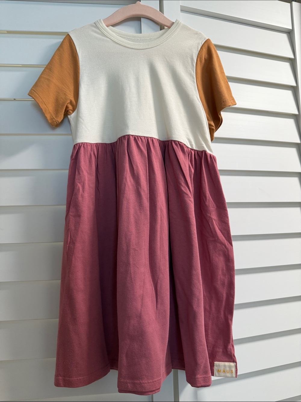 Colorblock Short-Sleeve Casual Dress in Pink, Cream & Mustard